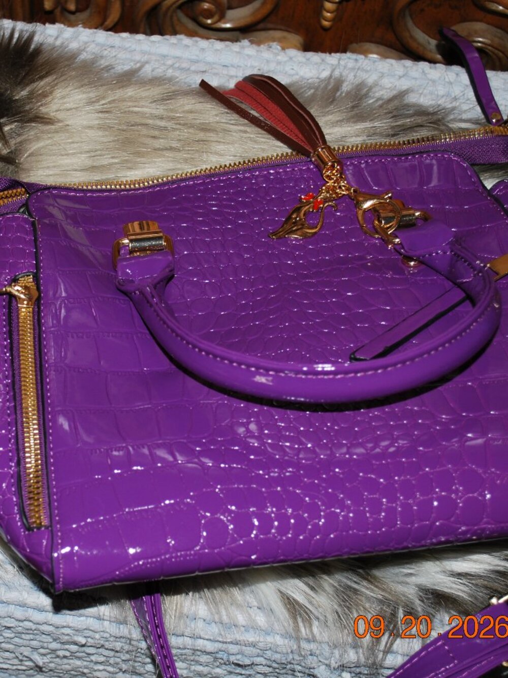 New  Imitation Croc Purple handbag with straps and wallet